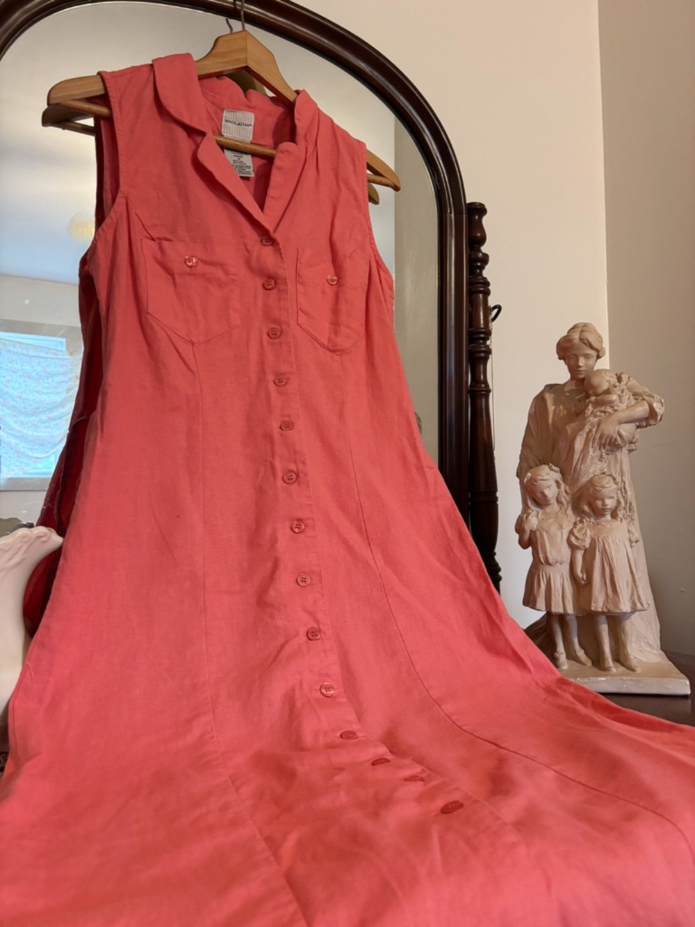 Vintage White Stag Peach Sleeveless Linen Blend Button-Front Dress Size 10